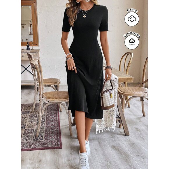 Black Midi Dress Short Sleeve Round Neck Plazacore Business Minimalist - Picture 1 of 2